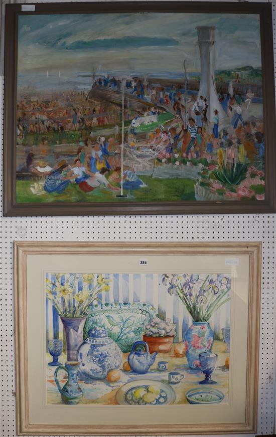 Sylvia Bergen Rourley, oil on board, Bank holiday and an Annabel Ridley watercolour(-)